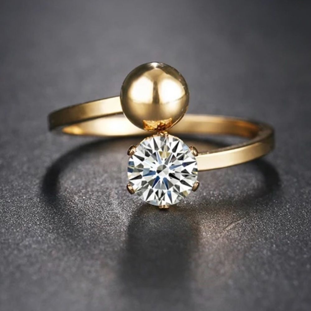 Gold Stainless Steel Ball Diamond CZ Engagement Bridal Special Gift Ring NEW